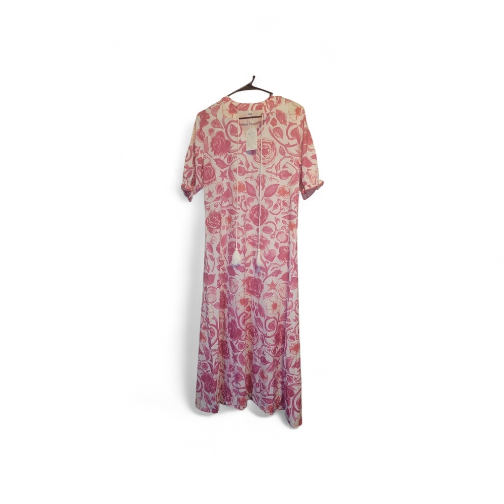 Light Weight Floral Pink Maxi Dress with V-Neck and Short Sleeves